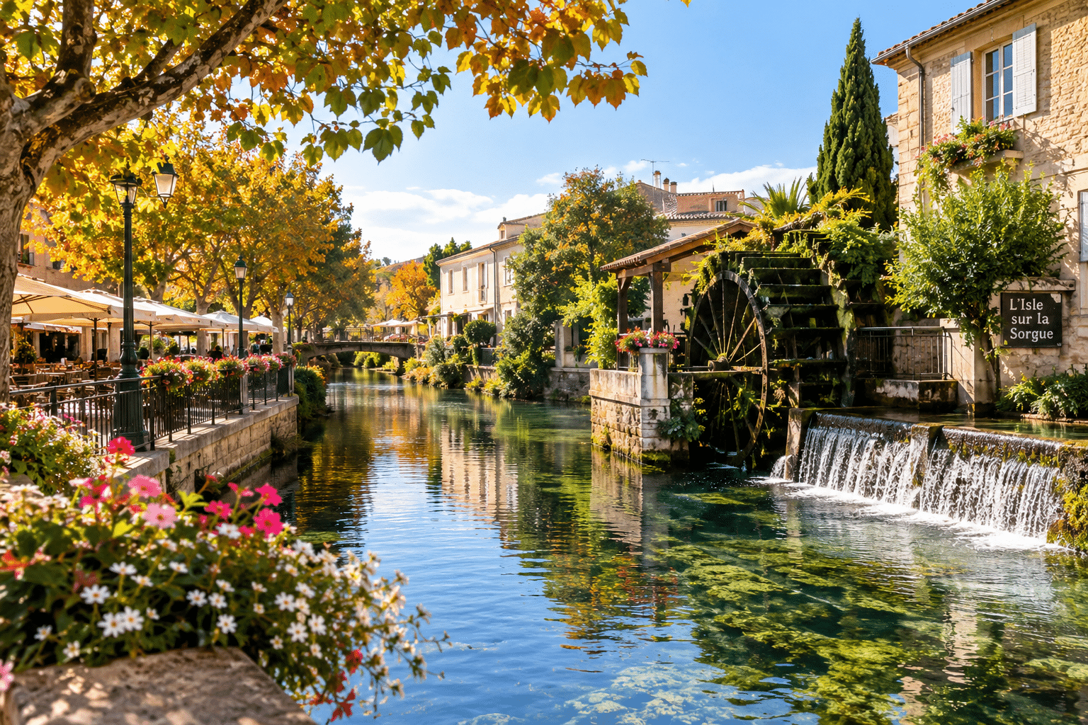 Canaux et roue à aubes à L’Isle-sur-la-Sorgue, village provençal idéal pour un week-end dans le Vaucluse.