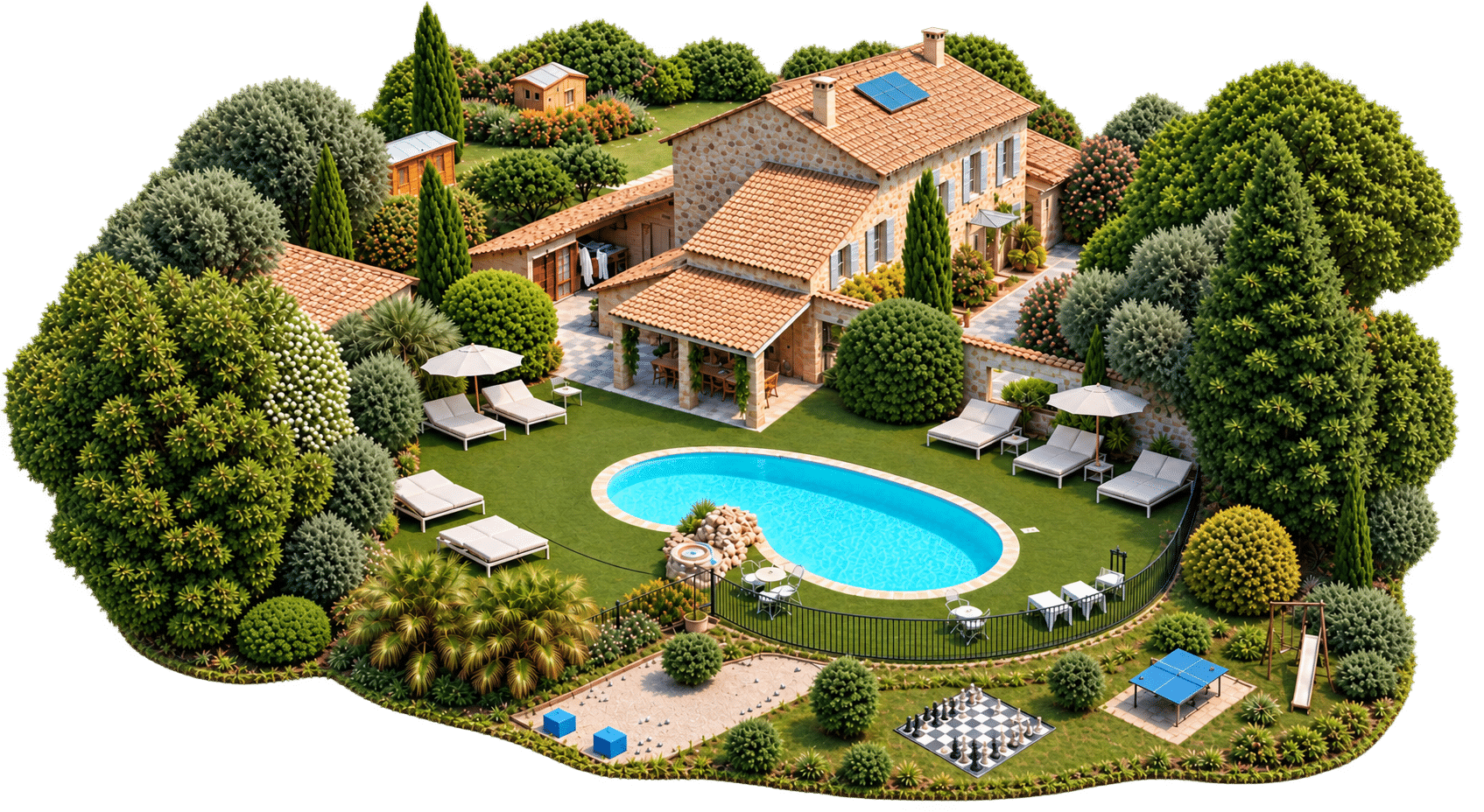 Illustration 3D du domaine : mas en pierre, piscine avec transats, terrain de pétanque, jeu d’échecs géant, ping-pong et balançoire